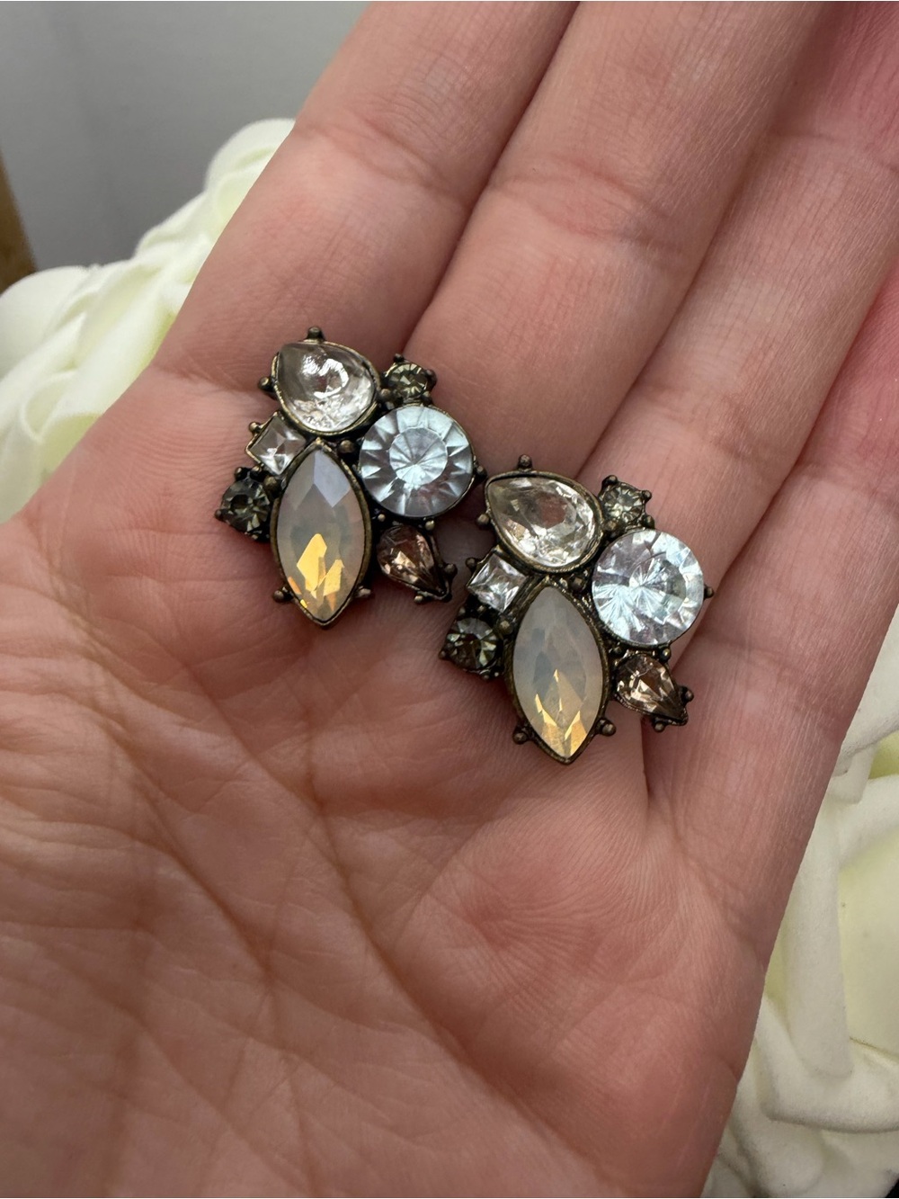 Crystal Cluster Drop Earrings - Opalescent & Clear